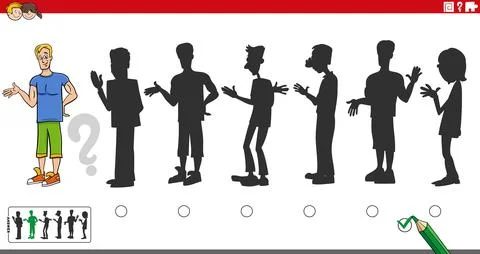 Shadow game puzzle with cartoon boy character Stock Illustration