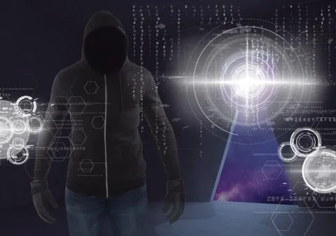 Shadow of hacker standing on in front of 3d digital background 写真素材