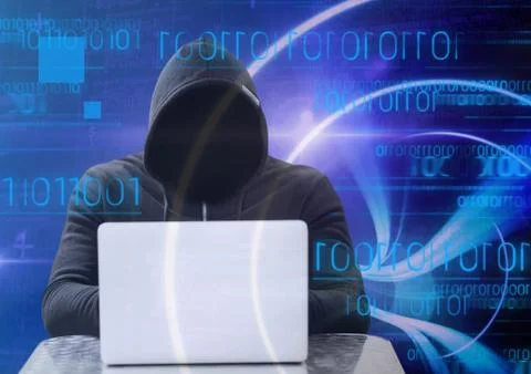 Shadow of hacker with sweatshirt using a laptop in front of blue digital Foto stock