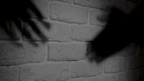 Shadow of hands on the brick wall making a deal. Two businessman are making a Stockbeeldmateriaal 124018645