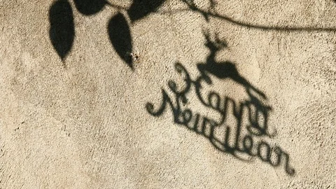 Shadow of Happy new year label and leaves on the wall  , outdoor Chiangmai Thail Stock Footage 121829984