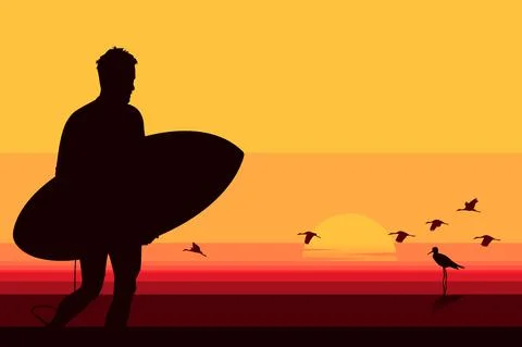 Shadow of Human Surfing at Sunset Stock Illustration