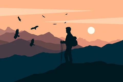 Shadow of Man and Eagles on the Mountain Stock Illustration