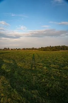The shadow of a man between the poles of power lines. In the evening at sunse Stock Photos