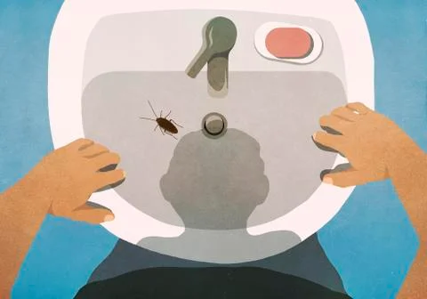 Shadow of man looking down at cockroach in bathroom sink Illustrazione stock