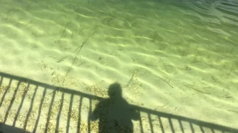 Shadow of a man standing near a gate against clear pond water Stock Footage 132659802