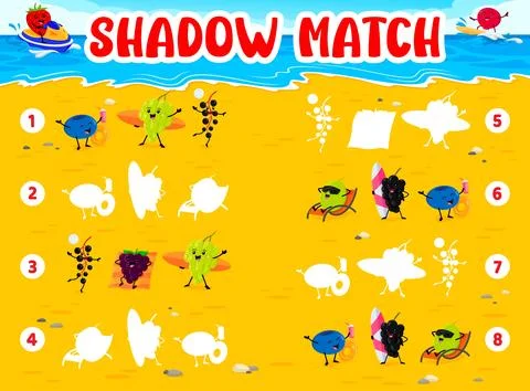 Shadow match game with berry characters on beach Stock Illustration