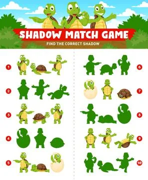 Shadow match game, cartoon turtle, tortoise animal 스톡 일러스트