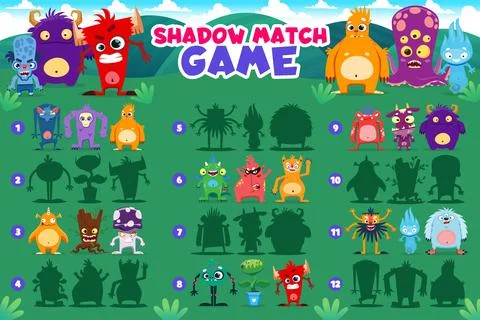 Shadow match game with funny monster characters 스톡 일러스트