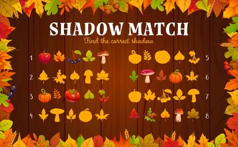 Shadow match game worksheet with apples, pumpkins Stock Illustration