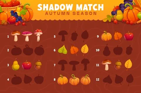 Shadow match game worksheet with autumn leaves Stock Illustration