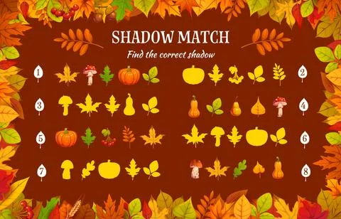 Shadow match game worksheet with autumn leaves Stock Illustration