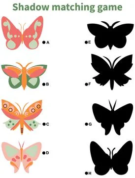 Shadow matching activity for children. Fun spring puzzle with cute insects. Stock Illustration