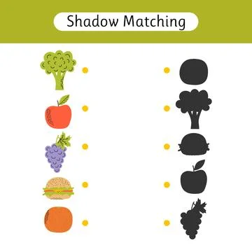 Shadow matching game for kids. Worksheet with food. Find the correct shadow.. Stock Illustration