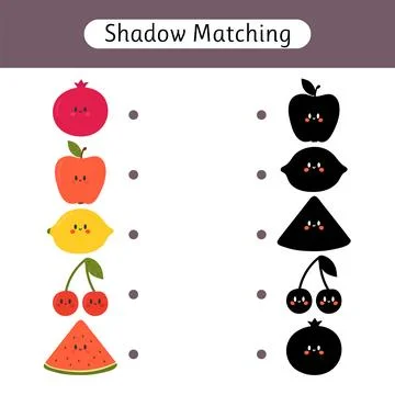 Shadow matching game for kids. Worksheets with cute fruit. Find the correct.. Stock Illustration