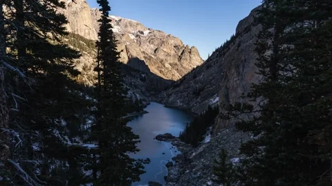 Shadow moving across deep ravine and lake in mountains Stock Footage 310542709
