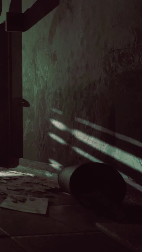 Shadow patterns and an old container on the floor in an abandoned room Stock Footage 337967929