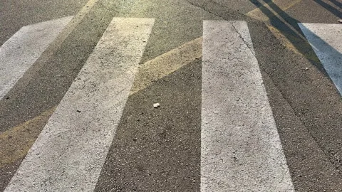 Shadow of a person walking on a pedestrian crosswalk on asphalt road Stock Footage 341663991