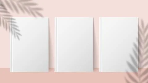 Shadow plant. Overlay palm leaf effect on white book cover. Vector realistic Stock Illustration