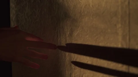 Shadow play. Black shadow of fingers playing on the wall in orange light Video stock 100038836