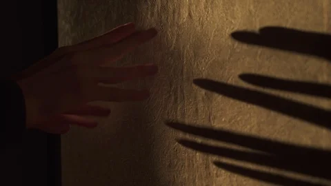 Shadow play. Black shadows of hands playing on the wall in orange light Stock Footage 100038257