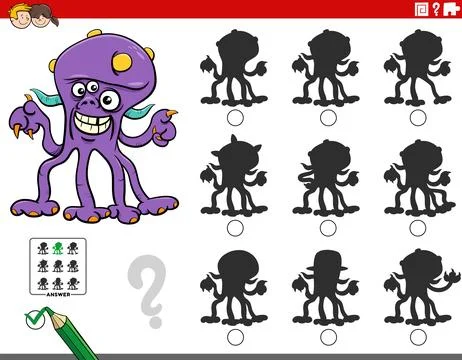 Shadow puzzle activity with funny cartoon monster character Stock Illustration