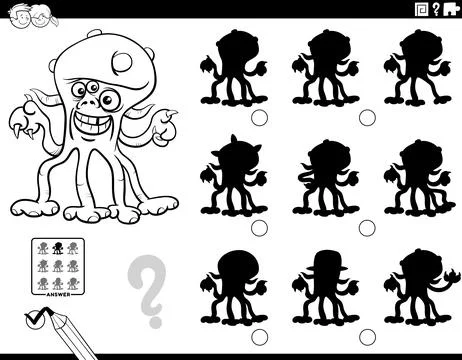 Shadow puzzle activity with funny cartoon monster character coloring page Stock Illustration