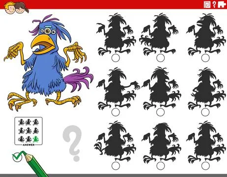 Shadow puzzle activity with funny cartoon feathered monster character Stock Illustration