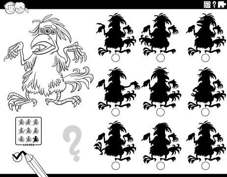 Shadow puzzle activity with funny cartoon feathered monster character color.. Stock Illustration