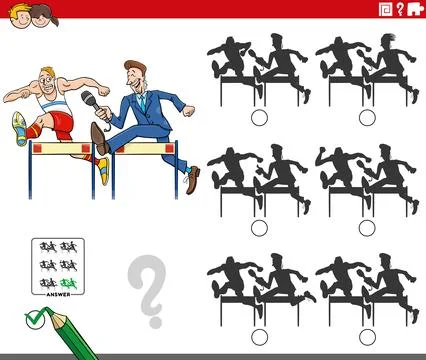 Shadow puzzle acyivity with cartoon runner and reporter Illustrazione stock