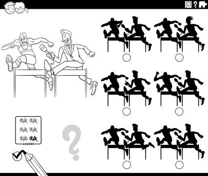 Shadow puzzle with cartoon runner and reporter coloring page Illustrazione stock