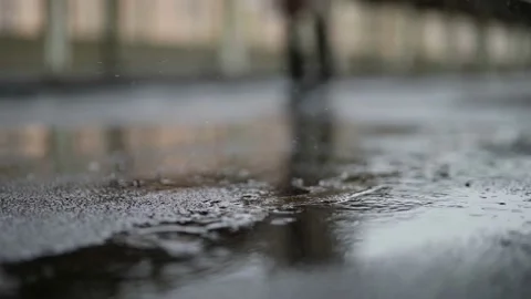 Shadow reflection of a man walking through rain puddles on the asphalt of the Stock Footage 223496550