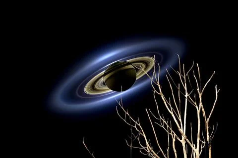 Shadow Saturn system back dry branch tree dark blue night sky Stock Photos