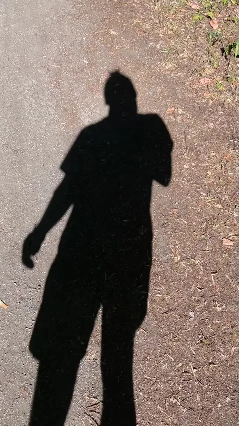 Shadow silhouette of person gesturing on sunlit paved path with shorts visible Stock Footage 344882442