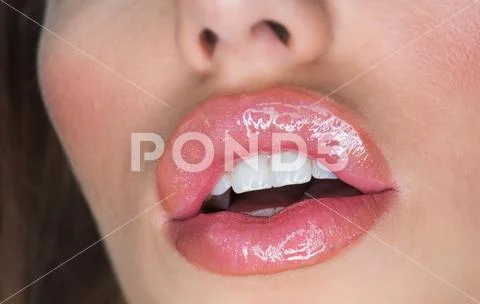 Shadow of smile. Botox and filler. Sexy lips of sexi woman. Sexy woman with Stock Photos