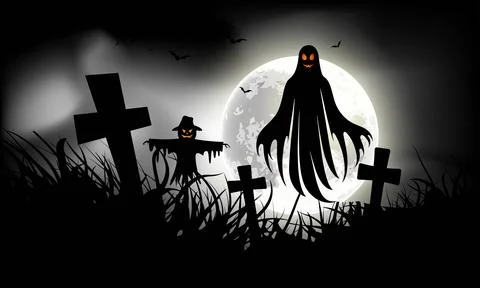 Shadow of Straw Man and Evil Halloween Ghost in the middle of a full moon Stock Illustration