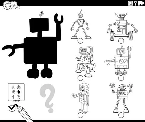 Shadow task with cartoon robots coloring book page Stock Illustration