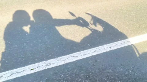 Shadow of two people riding a motorcycle on a sunny road Stock Footage 340533331