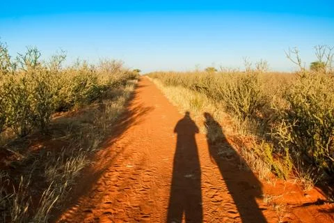 Shadow of two people on a sand path in the middle of the red Kalahari desert Stock Photos