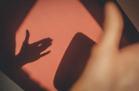 A shadow on the wall from the hand in the shape of a dog's head. Light from the Stock Photos