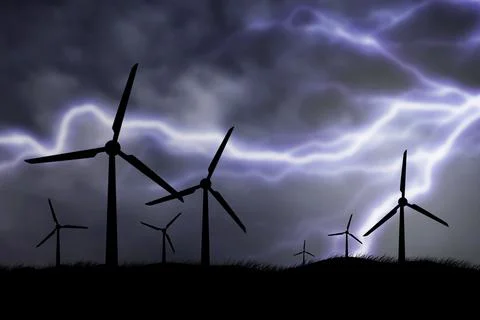 Shadow windmill lightning storm concept of renewable energy. Stock Illustration