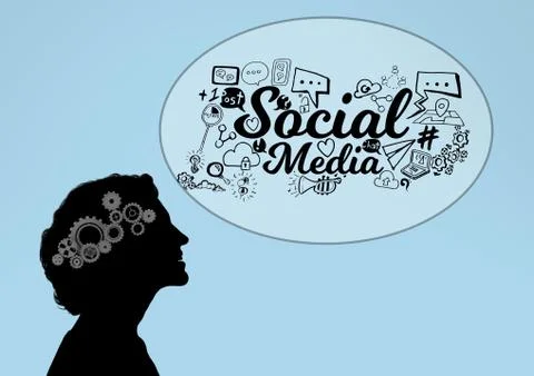 Shadow of woman with 3D cogs on the head and Social media graphic bubble Stock Illustration