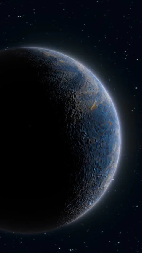 Shadowed blue exoplanet with a glowing atmospheric rim floats against a sta.. Stock Footage 339654086