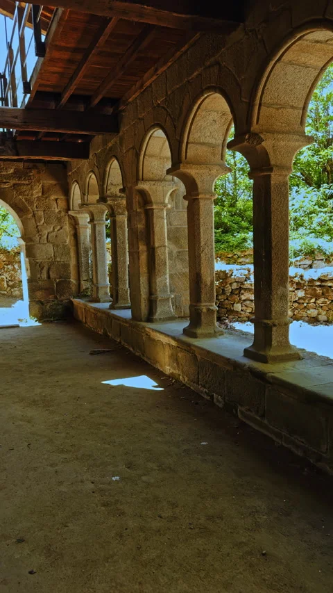 Shadowed Cloister Corridor with Arches Stock Footage 278396254