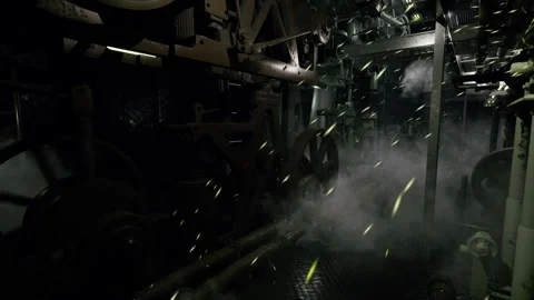 Shadowed underground plant with flickering control panels and turbines Stock Footage 341831736