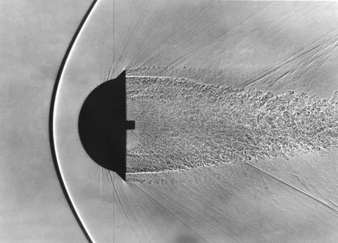 Shadowgraph of Finned Hemispherical model in free-flight show shock waves p.. Stock Photos