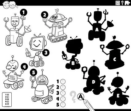 Shadows activity with cartoon robots coloring page Stock Illustration
