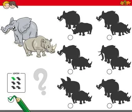 Shadows activity game with wild animals Cartoon Illustration of Finding th... Foto stock