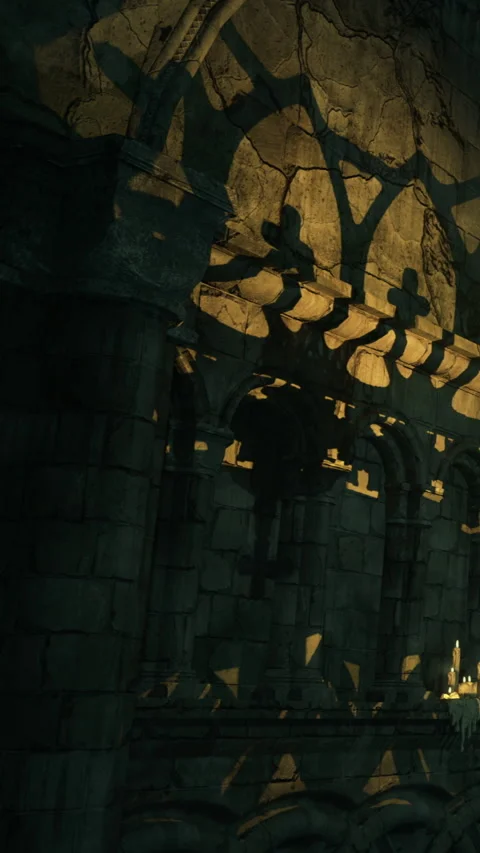 Shadows and candlelight in an ancient stone structure at night Stock Footage 332220713