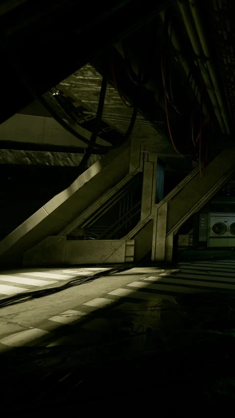 Shadows and light in an industrial corridor with steps and pipes Stock Footage 334420052